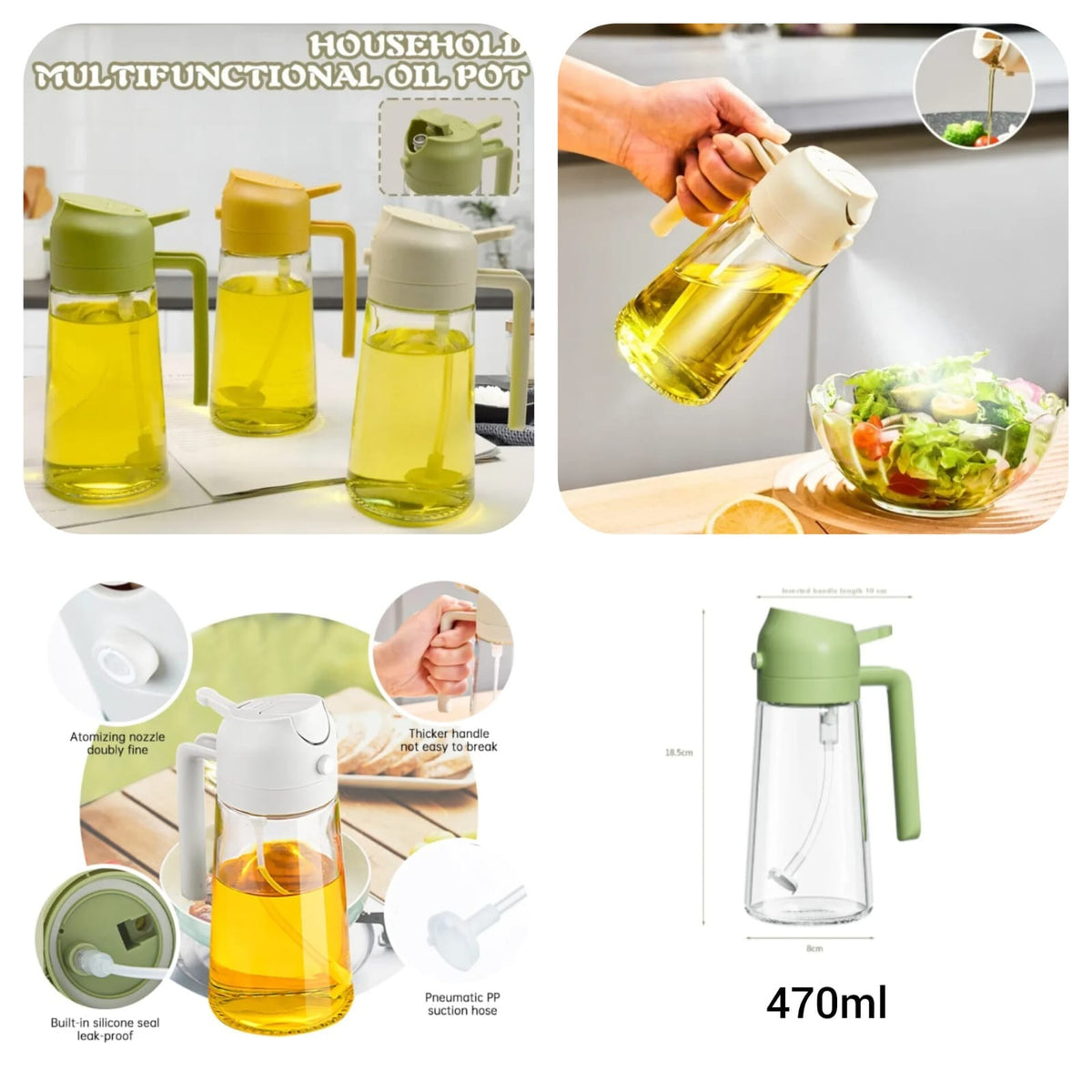 2-in-1 Oil Spray Bottle – 470ml Glass Oil Sprayer & Dispenser for Cooking