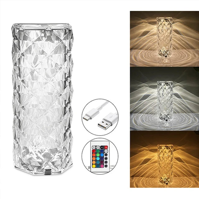 Rose Diamond Crystal Table Lamp – 16 RGB Colors, Touch Sensor & Remote Control