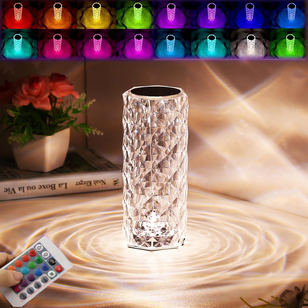 Rose Diamond Crystal Table Lamp – 16 RGB Colors, Touch Sensor & Remote Control